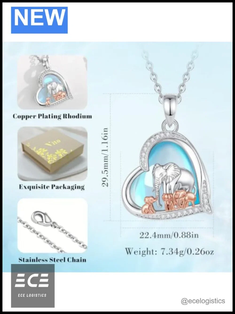 Moonstone Elephant Mom Heart Pendant Necklace Rhodium Plated Copper
